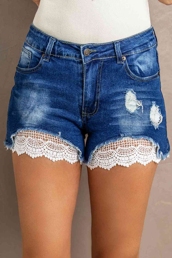 Spliced Lace Distressed Denim Shorts | 1mrk.com