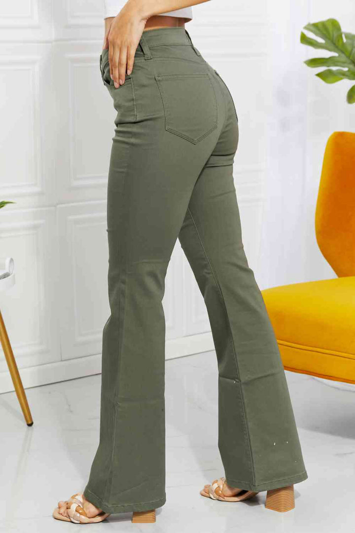 Zenana Clementine Full Size High-Rise Bootcut Jeans in Olive | 1mrk.com