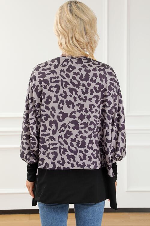 Leopard Round Neck Lantern Sleeve Slit Sweatshirt |1mrk.com