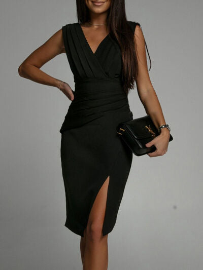 Slit Ruched Surplice Tank Dress |1mrk.com