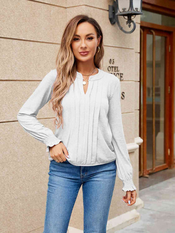 Pleated Notched Neck Flounce Sleeve Blouse | 1mrk.com