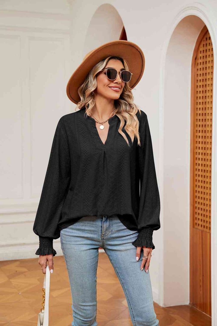 Notched Neck Flounce Sleeve Blouse | 1mrk.com