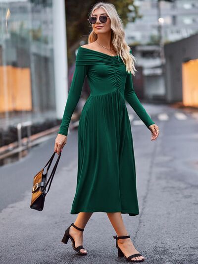 Ruched Off-Shoulder Midi Dress |1mrk.com