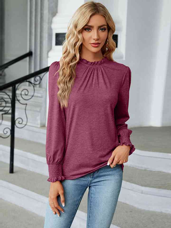 Round Neck Flounce Sleeve Blouse | 1mrk.com