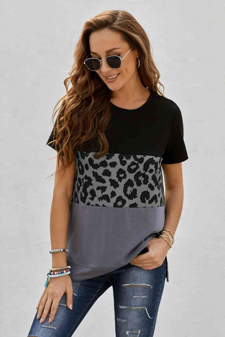 Leopard Print Color Block Short Sleeve T-Shirt | 1mrk.com