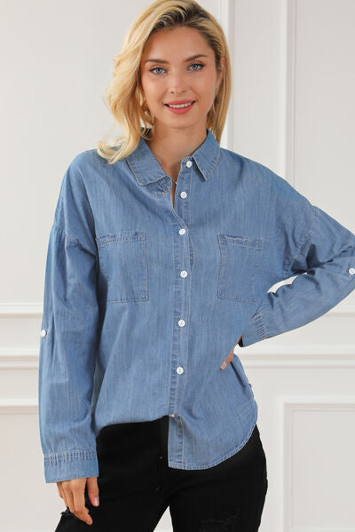 Pocketed Button Up Collared Neck Denim Top | 1mrk.com