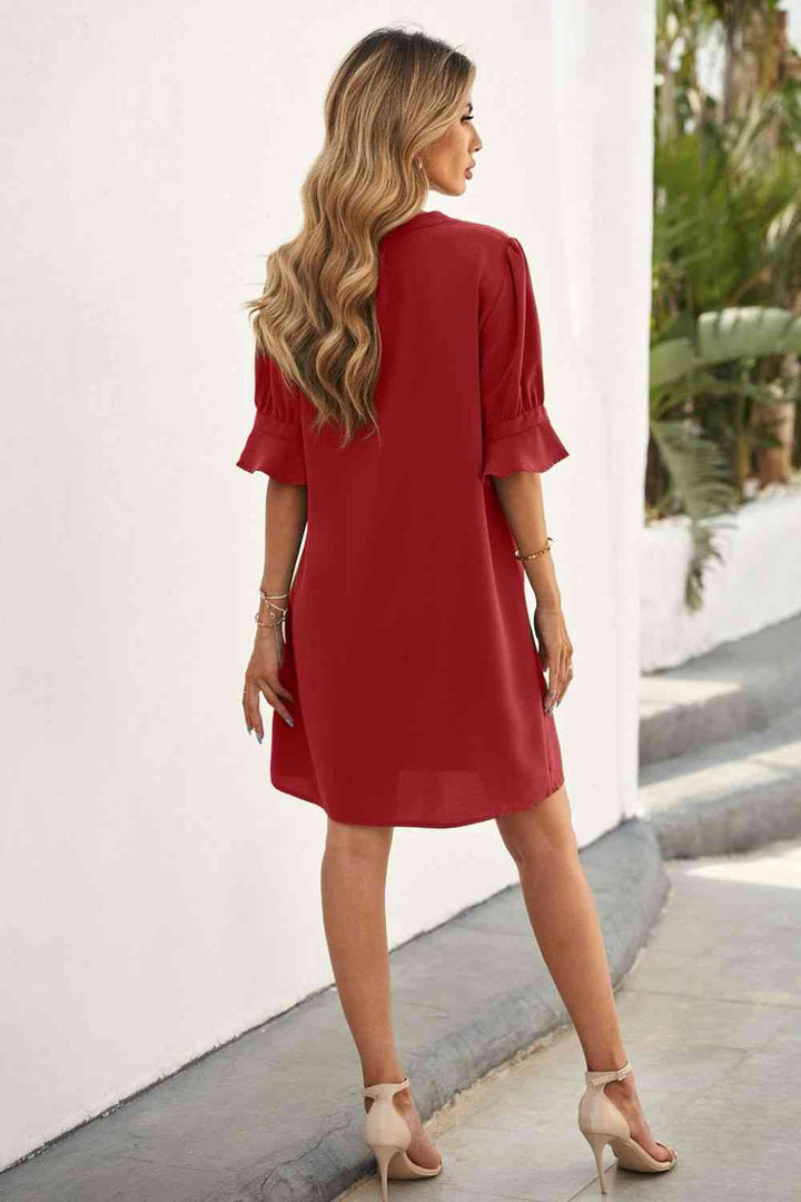 Puff Sleeve Notched Mini Shift Dress |1mrk.com