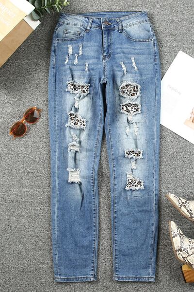 Leopard Distressed Pocketed Straight Jeans | 1mrk.com