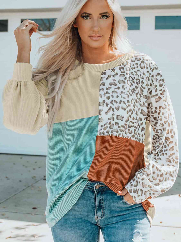 Color Block Leopard Round Neck Sweatshirt | 1mrk.com