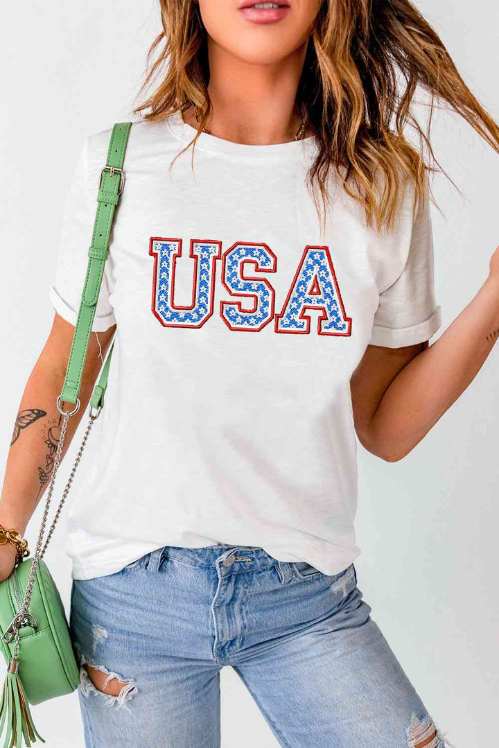 USA Graphic Embroidered Round Neck T-Shirt | 1mrk.com