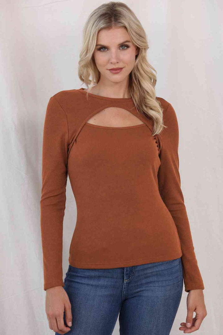 Cutout Round Neck Long Sleeve Top | 1mrk.com