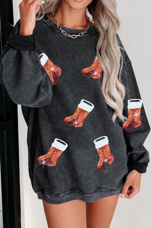 Sequin Christmas Boot Round Neck Sweatshirt |1mrk.com