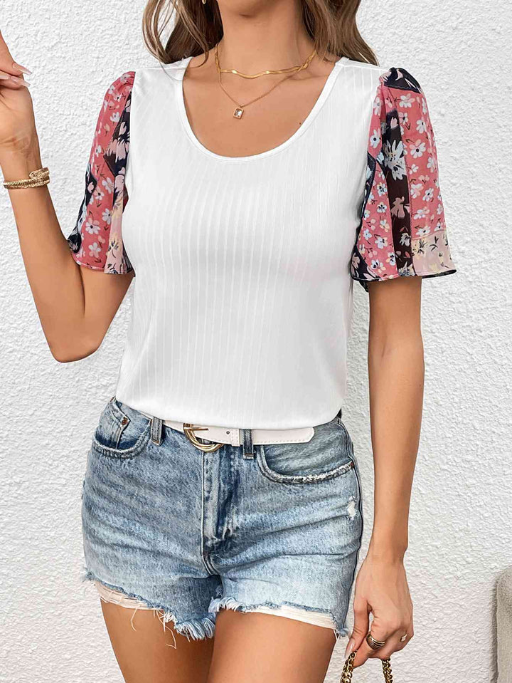 Printed Puff Sleeve Round Neck Tee | 1mrk.com