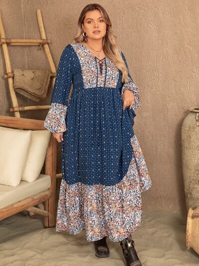 Plus Size Printed Balloon Sleeve Maxi Dress |1mrk.com