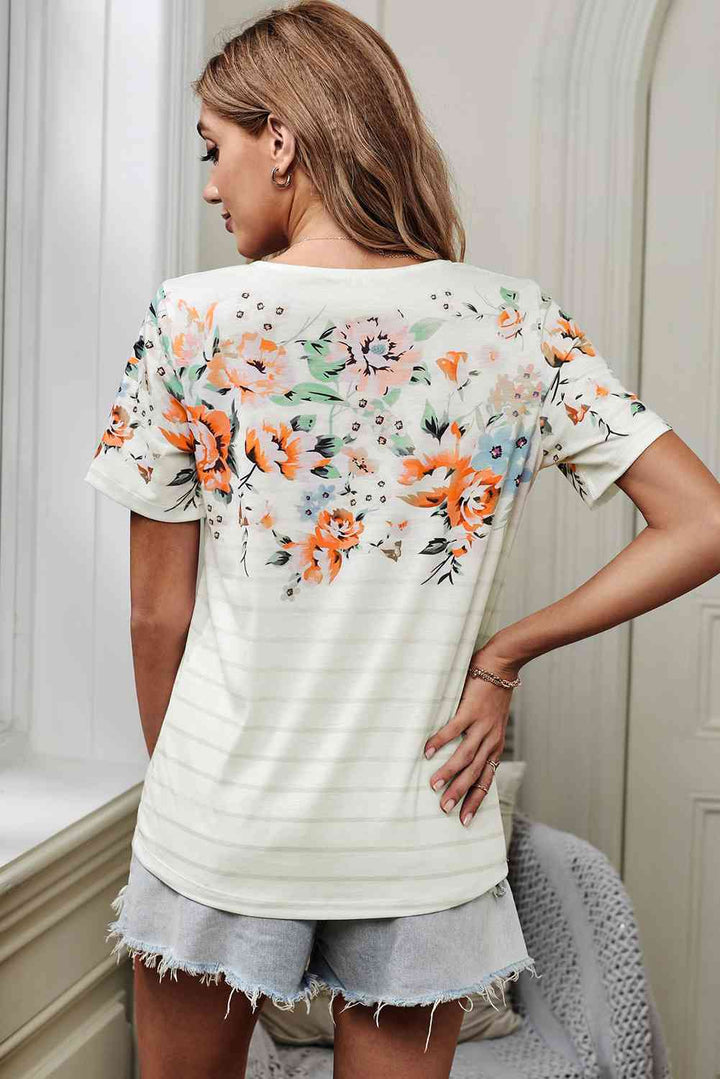 Floral Striped Round Neck T-Shirt | 1mrk.com