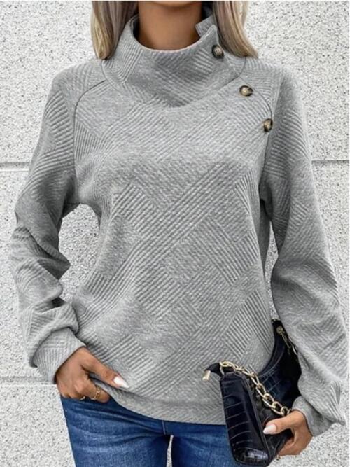 Buttoned Mock Neck Long Sleeve Sweatshirt |1mrk.com