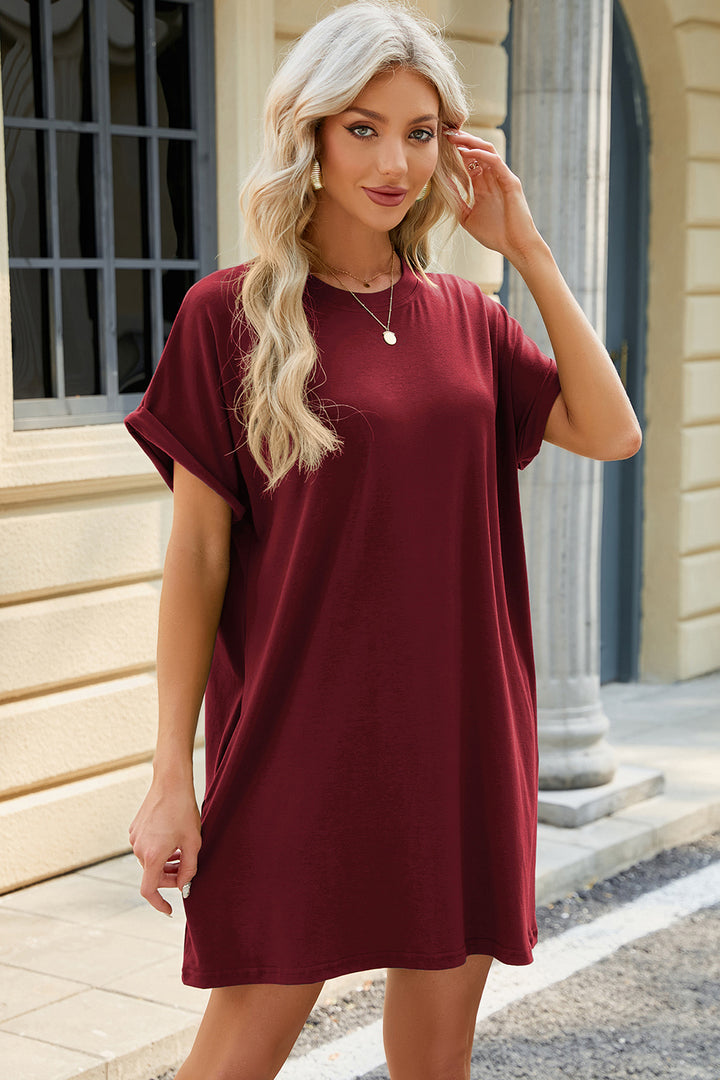 Round Neck Rolled Short Sleeve Tee Dress | Trendsi