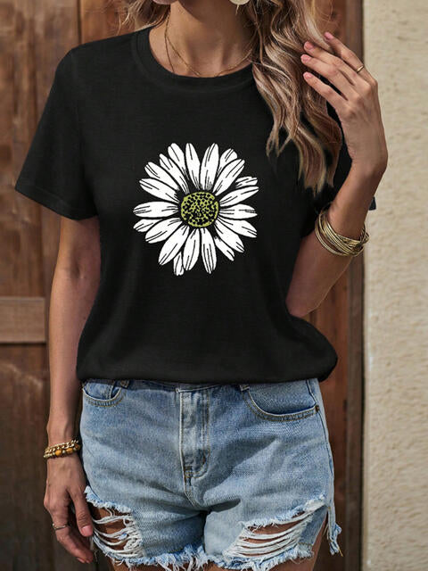 Sunflower Graphic Round Neck T-Shirt | 1mrk.com