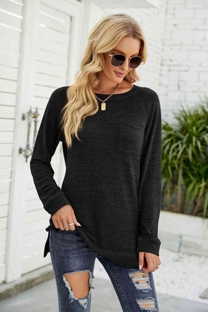 Heathered Slit Long Raglan Sleeve Top | 1mrk.com