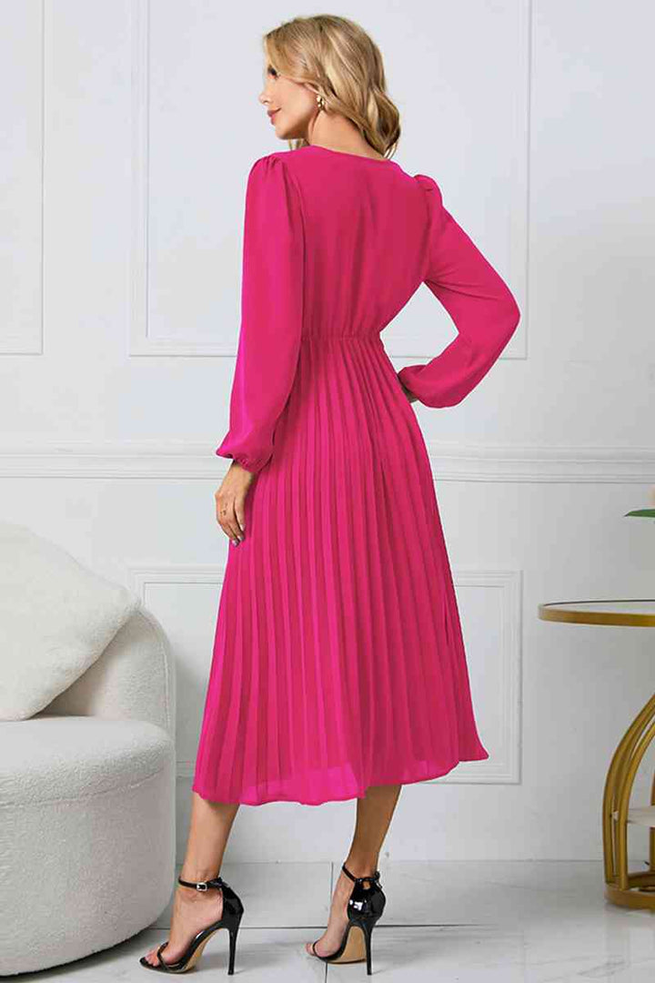 V-Neck Long Sleeve Tie Waist Midi Dress | 1mrk.com