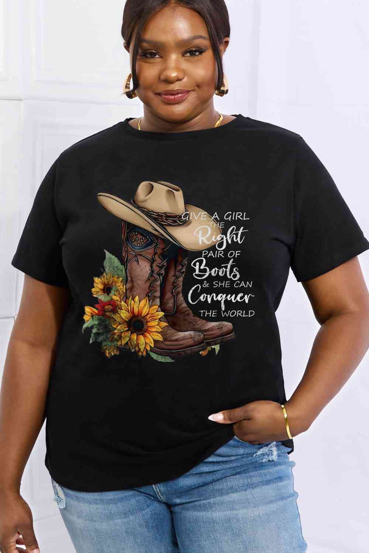 Simply Love Full Size Cowboy Hat & Boots Graphic Cotton Tee | 1mrk.com