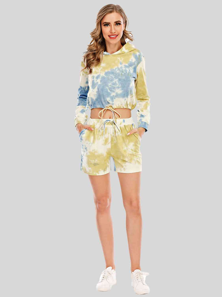 Tie-Dye Drawstring Hooded Top and Shorts Set | 1mrk.com