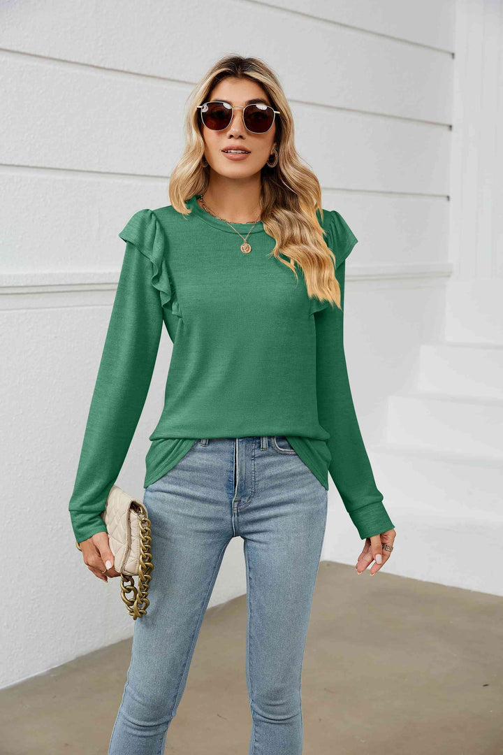 Ruffle Shoulder Long Sleeve T-Shirt | 1mrk.com