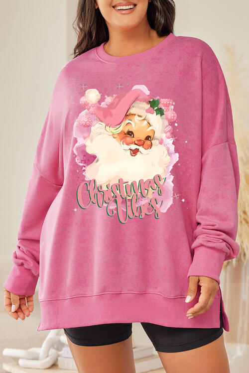 Plus Size Santa Claus Graphic Round Neck Long Sleeve Slit Sweatshirt |1mrk.com