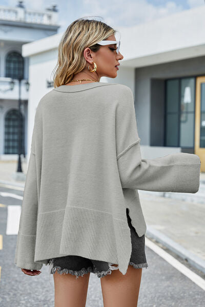 High-Low Slit Round Neck Long Sleeve Sweater | Trendsi