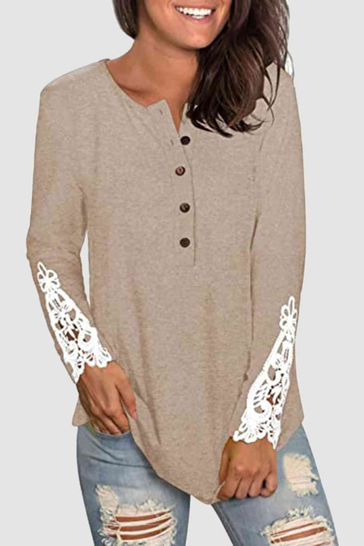 Lace Detail Button Front T-Shirt | 1mrk.com