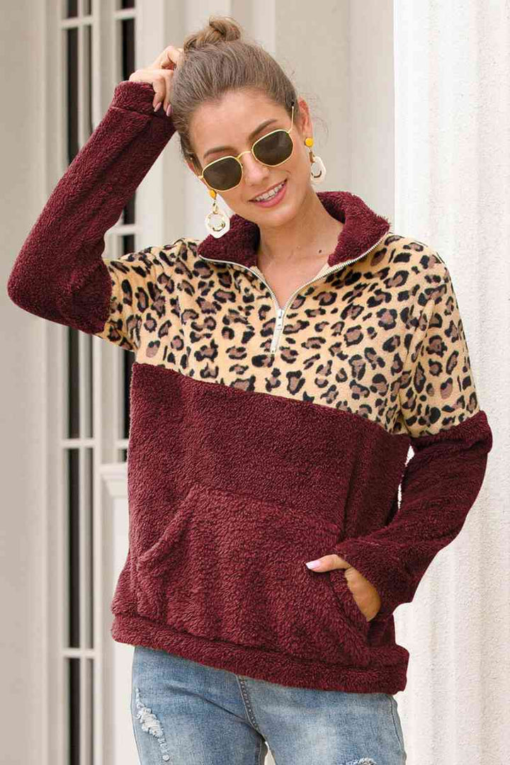 Leopard Zip-Up Turtle Neck Dropped Shoulder Sweatshirt |1mrk.com