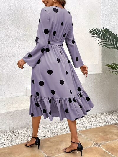 Tied Polka Dot Round Neck Ruffle Hem Dress |1mrk.com