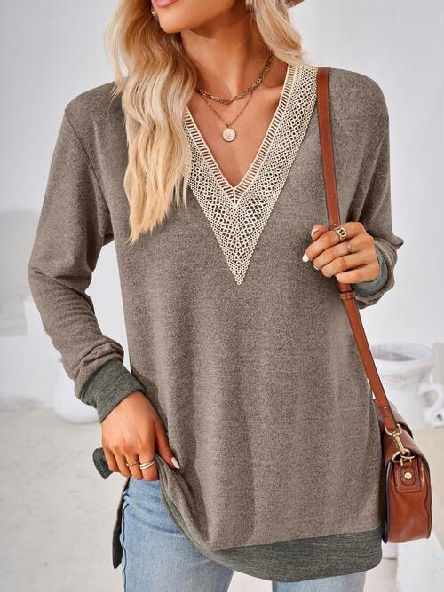 Crochet Contrast V-Neck Long Sleeve Slit T-Shirt | 1mrk.com