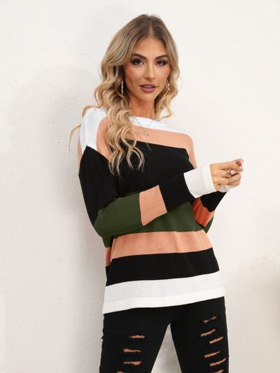 Striped Round Neck Dropped Shoulder Sweater |1mrk.com