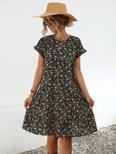 Frill Floral Round Neck Short Sleeve Tiered Dress |1mrk.com