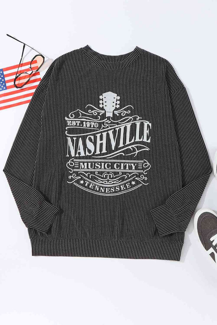 Ribbed Round Neck Long Sleeve Graphic Sweatshirt |1mrk.com