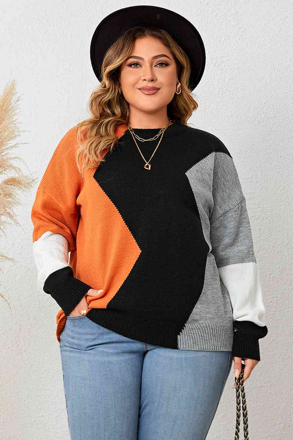 Plus Size Color Block Round Neck Knit Top | 1mrk.com