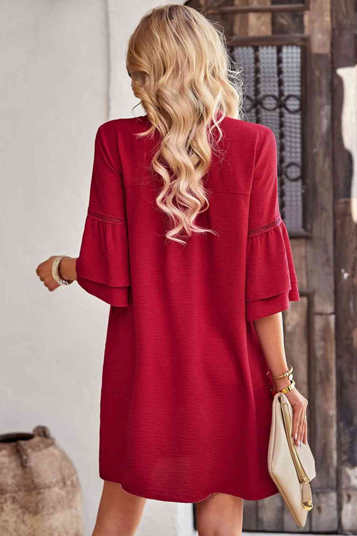 Notched Neck Flare Sleeve Pocket Dress |1mrk.com