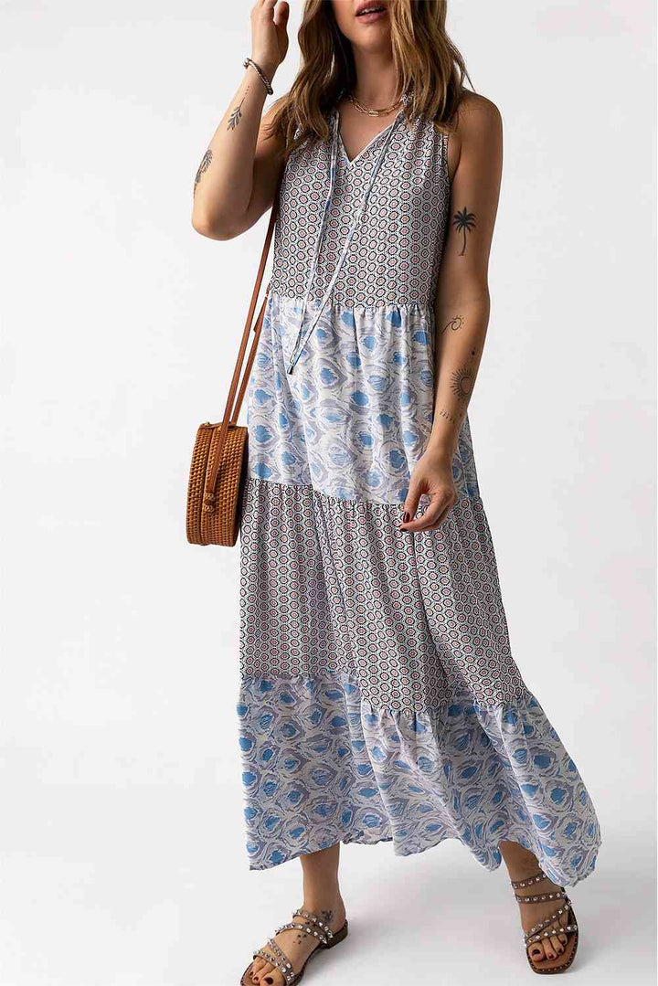 Mixed Print Tie-Neck Sleeveless Maxi Dress |1mrk.com