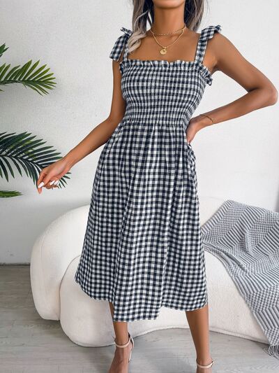 Frill Plaid Square Neck Midi Dress |1mrk.com