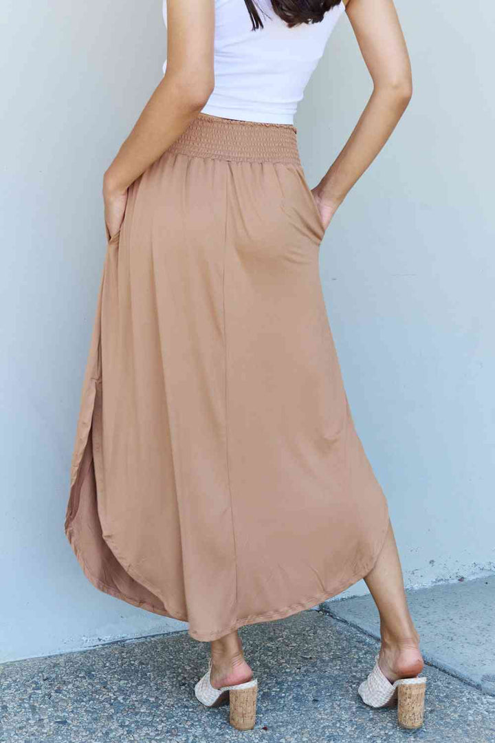 Doublju Comfort Princess Full Size High Waist Scoop Hem Maxi Skirt in Tan | 1mrk.com