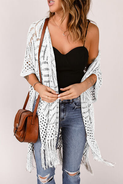 Openwork Open Front Cardigan with Fringes | Trendsi