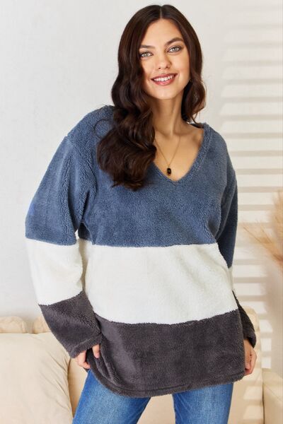 Culture Code Faux Fur Color Block V-Neck Sweater |1mrk.com