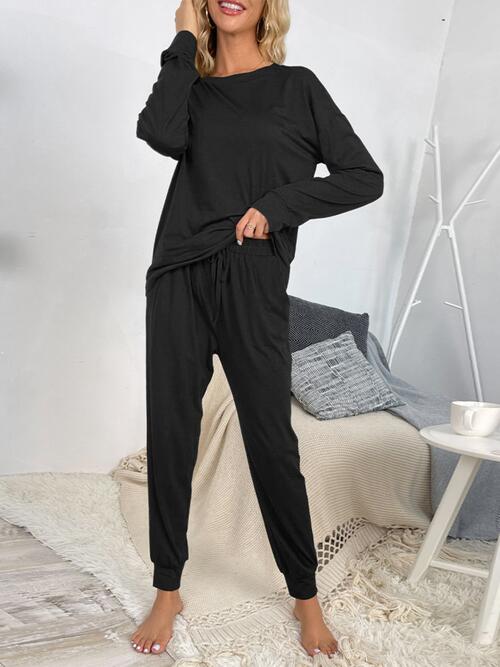 Round Neck Top and Drawstring Pants Lounge Set | 1mrk.com