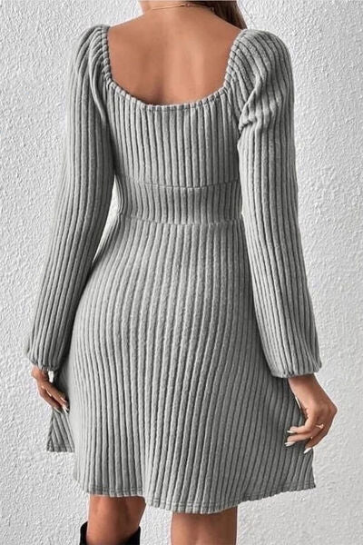 Ribbed Tied Square Neck Long Sleeve Mini Dress |1mrk.com