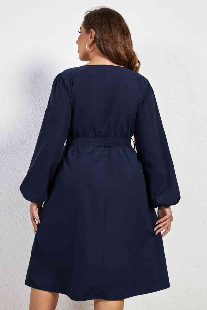 Melo Apparel Plus Size Buttoned Tie Belt Round Neck Long Sleeve Dress |1mrk.com