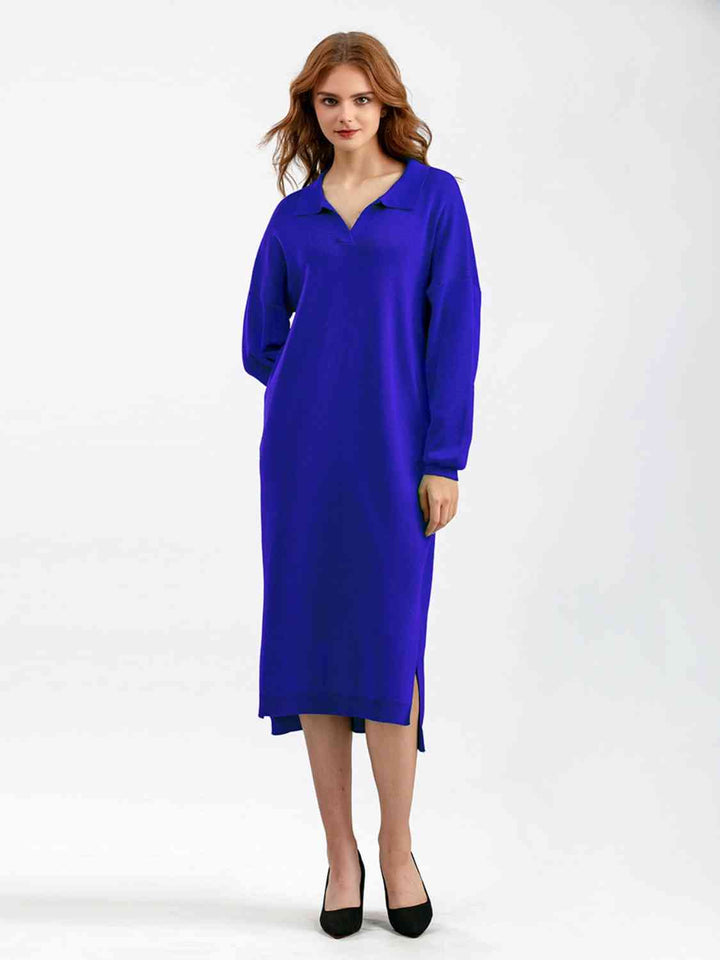 Johnny Collar Long Sleeve Slit Sweater Dress |1mrk.com