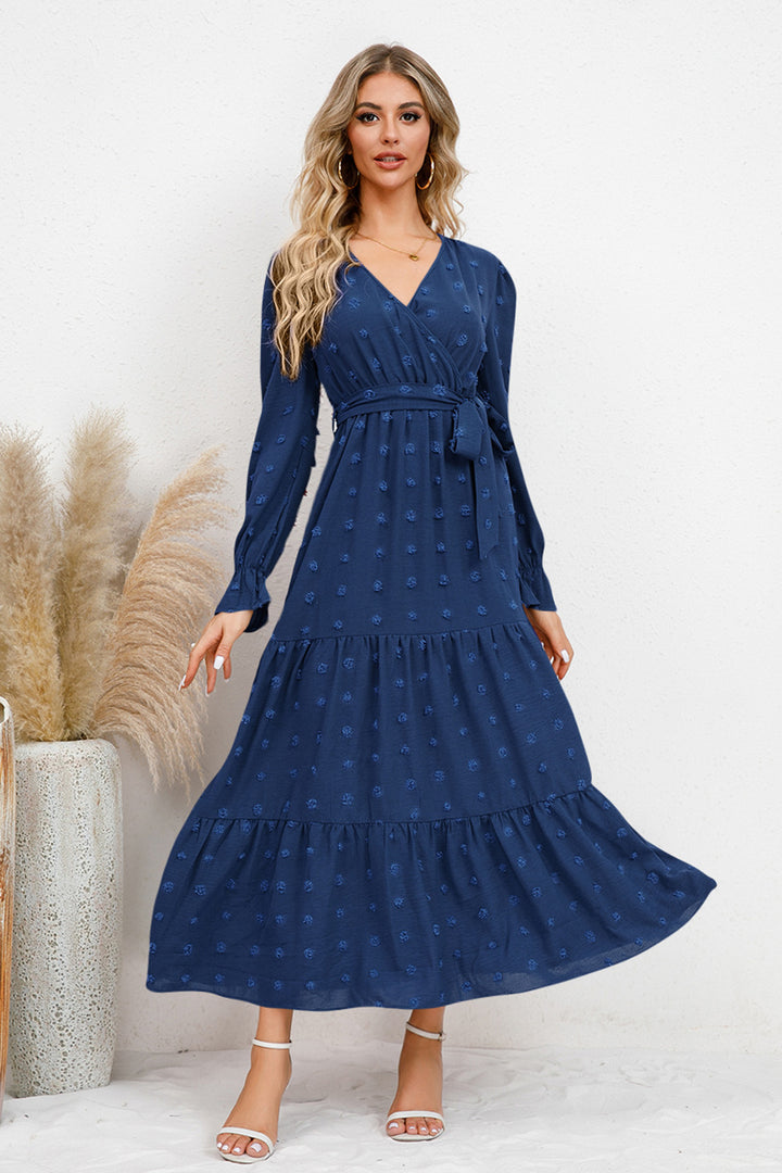 Swiss Dot Tied Surplice Flounce Sleeve Dress | Trendsi