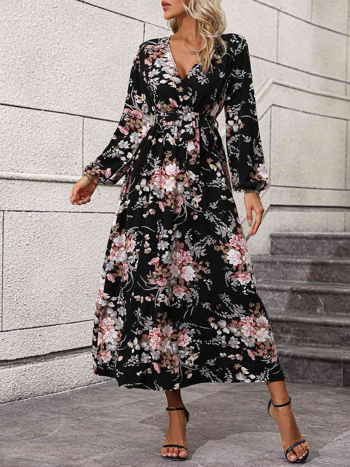 Floral Long Sleeve Surplice Neck Dress | 1mrk.com