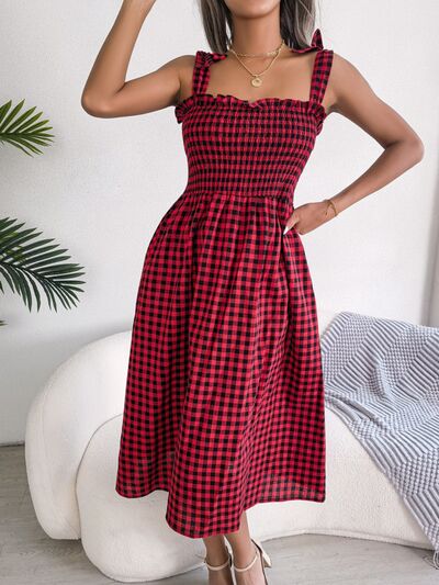 Frill Plaid Square Neck Midi Dress |1mrk.com